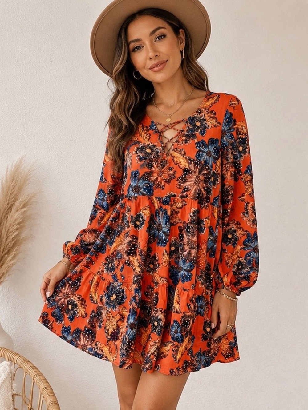 Boho Floral Babydoll Dress Orange Blue Lace Up Long Sleeve Tunic